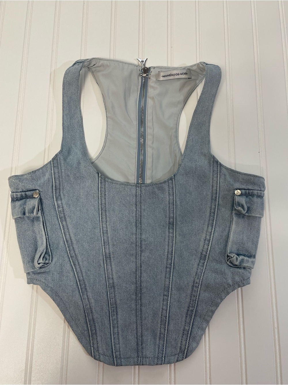 Maniere De Voir Women’s Light Blue Denim Racerback Zippered Bardot Corset US 4